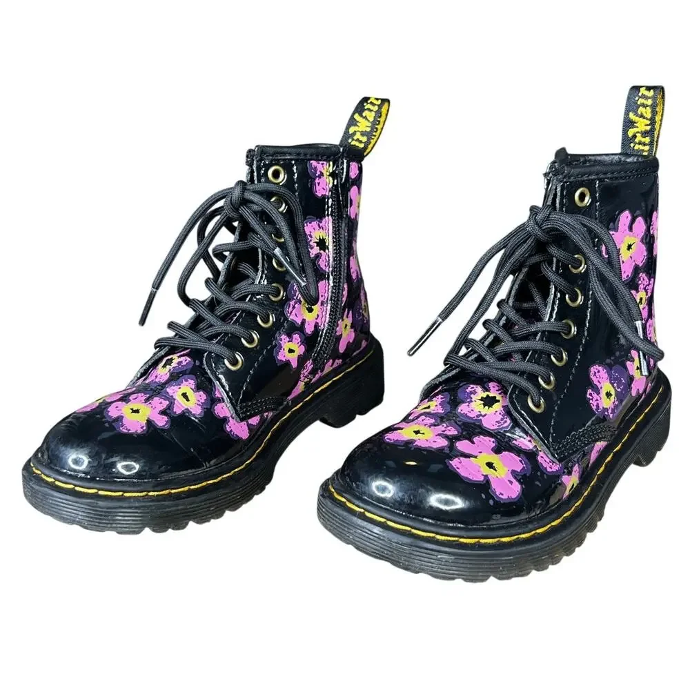 Dr. Martens Toddler Floral Black Patent Leather Combat Boots Size US 12